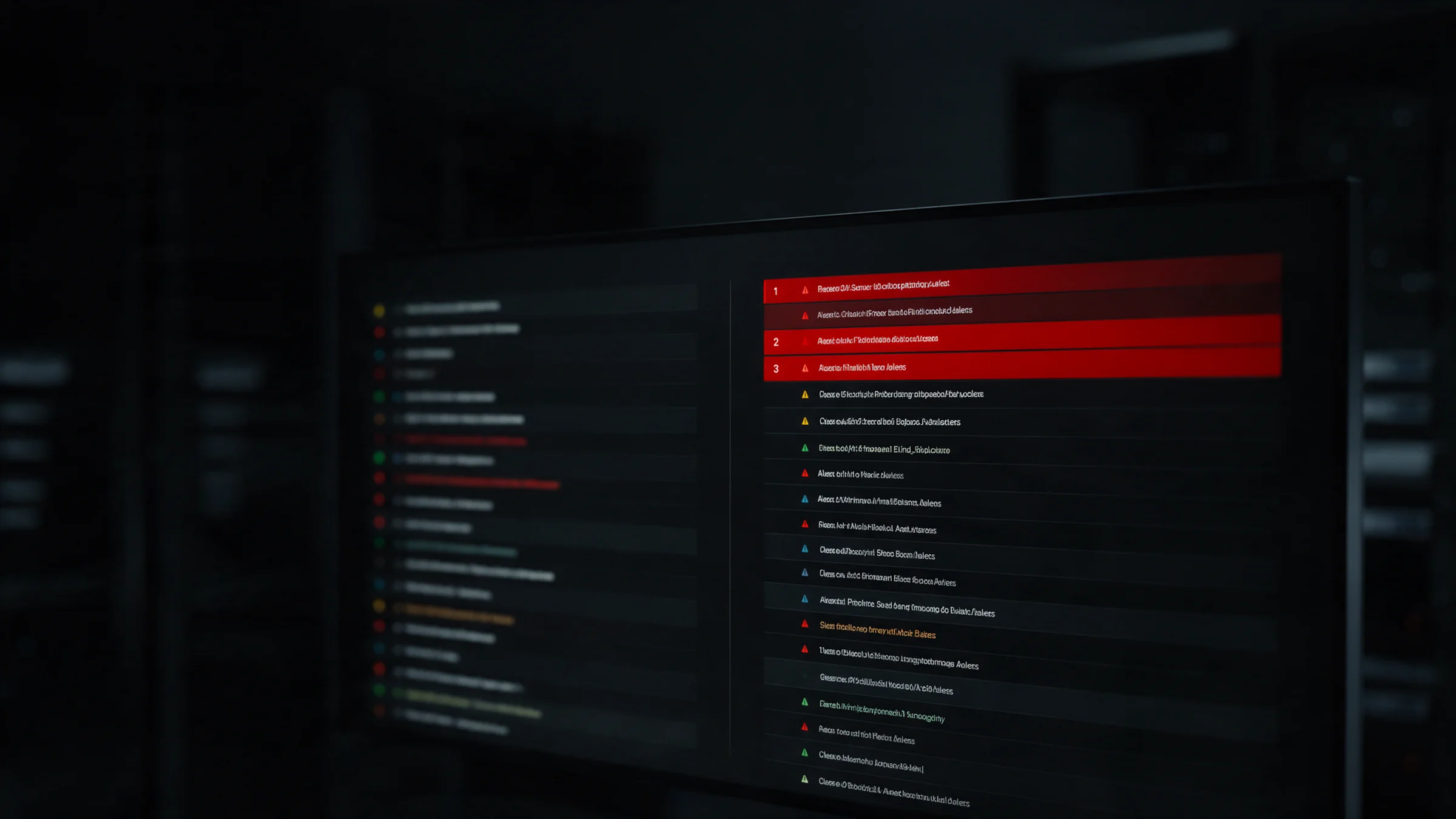 Dashboard de seguridad dividido en dos: alertas desordenadas a la izquierda, las mismas alertas ya priorizadas y numeradas a la derecha